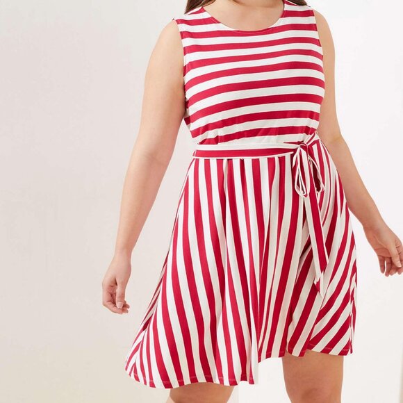 LOFT Plus Striped Tie Waist Flare Dress - Size 16 Plus - Red White Stripe - Picture 1 of 9